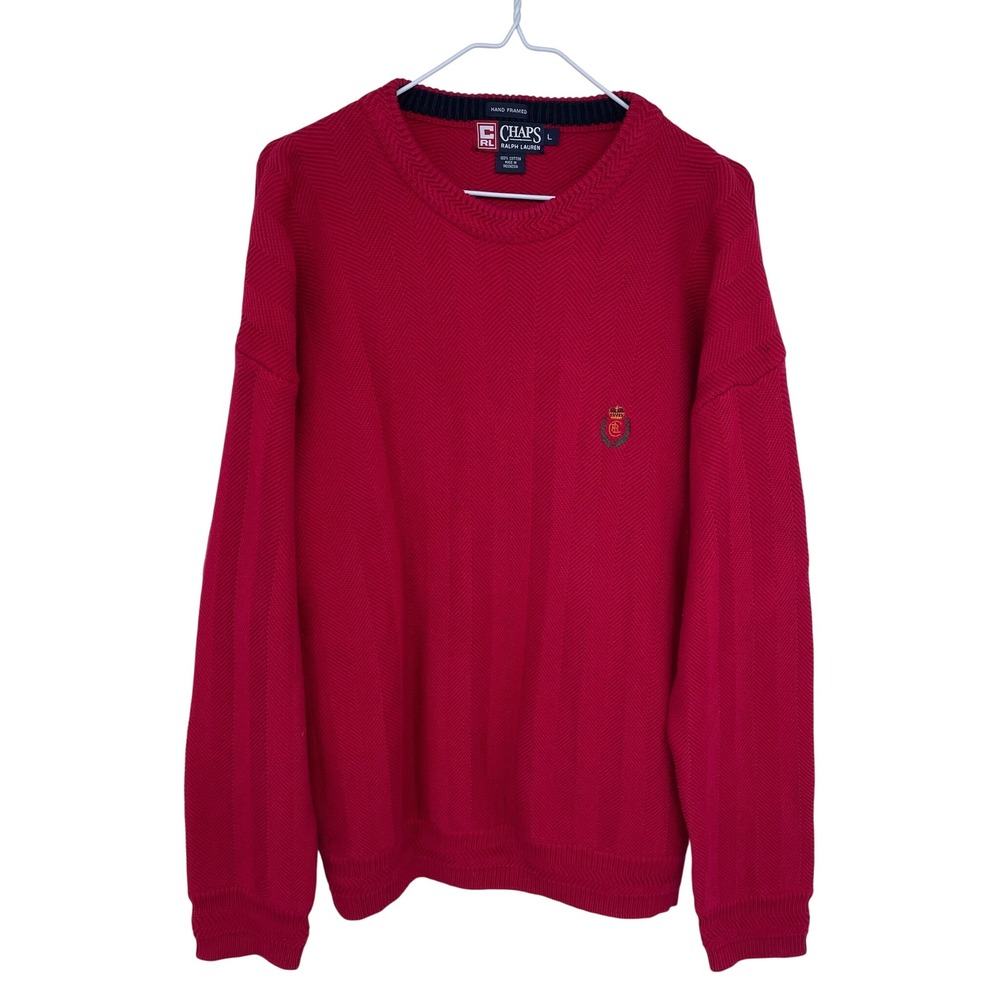Vintage 90s Chaps Ralph‎ Lauren Mens Red Herringbone Knit Sweater Crewneck Large